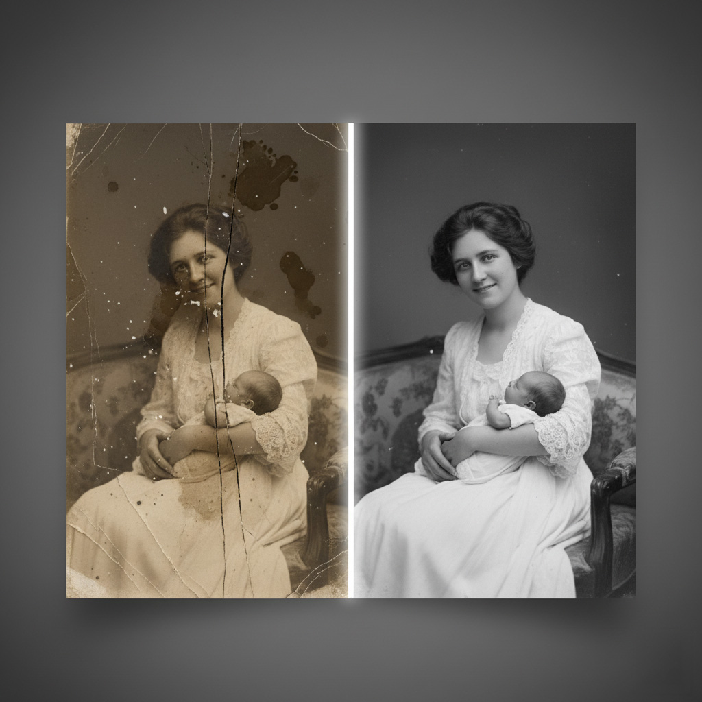 Bildet viser et før-etter bilde av en kvinne med et bilde som er ripete har flekket og er skadet