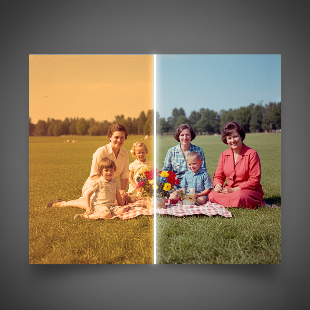 Bilde som viser et før og etter bilde av restaurering av et falmet bilde