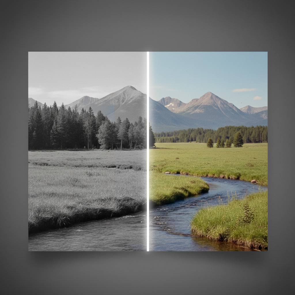 Bildet av natur viser et svart hvitt og et farged bilde etter restaurering